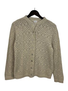 Haband Openwork Crewneck Button-Front Cardigan Beige Size Medium Made in USA